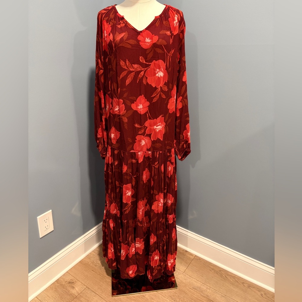 Sonoma Burgundy Floral Midi Dress Women’s Medium Long Sleeve